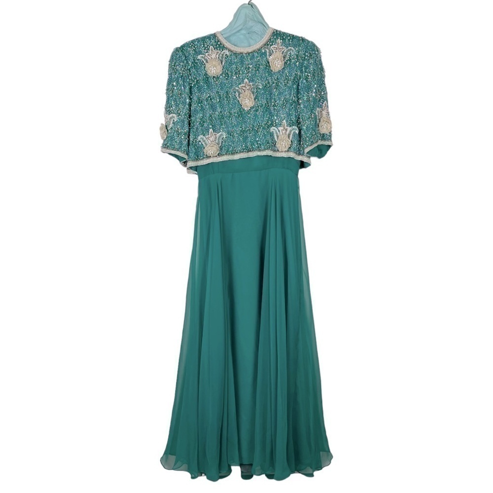 VINTAGE RICHILENE 70S SILK CHIFFON BEAD EMBELLISHED AQUA FORMAL EVENING GOWN - Picture 4 of 16